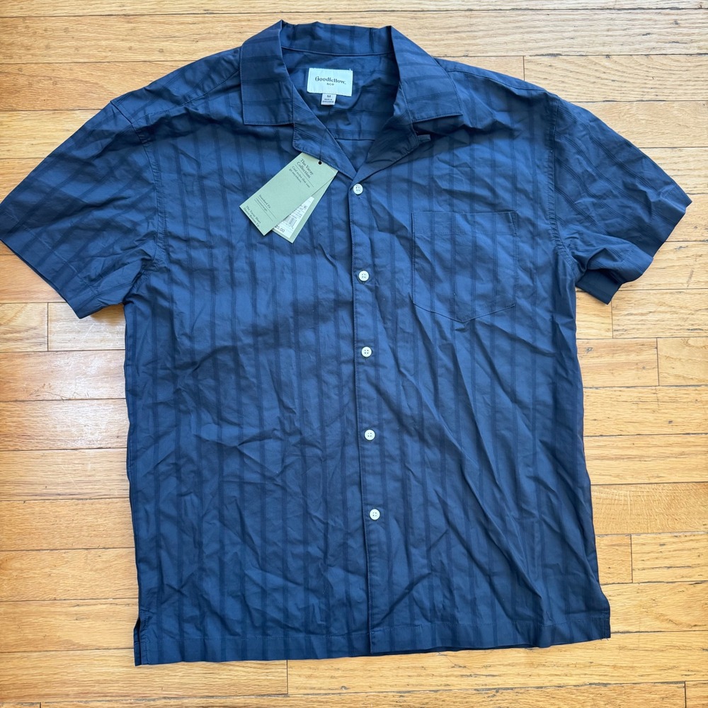 Goodfellow & Co Mens Navy Blue Striped Vacay Camp Shirt Short Sleeve Button Up M